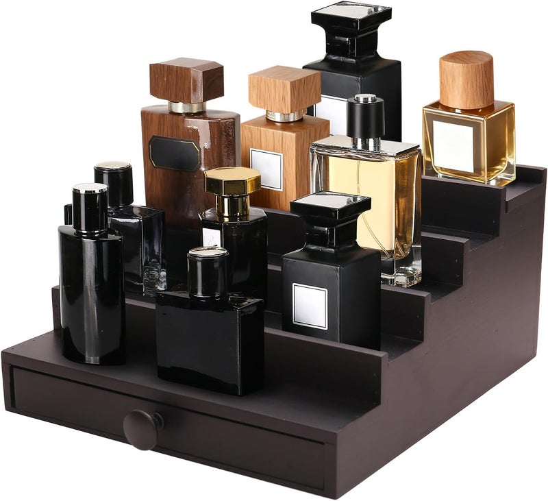 Fengligoo 5 Tier Cologne Organizer for Men - Wooden Black Cologne Perfume Display Stand with Drawer and Hidden Compartment, Mens Cologne Holder Shelf for Organizing and Storing - Image 1